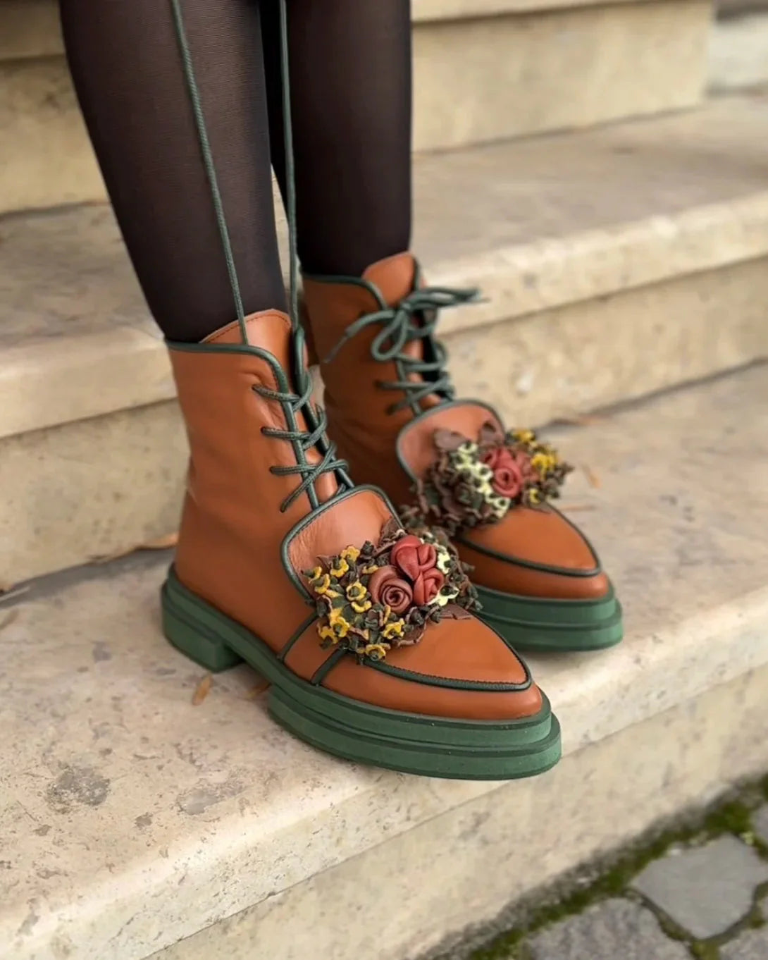 Floral - Embellished Chunky Ankle Boots