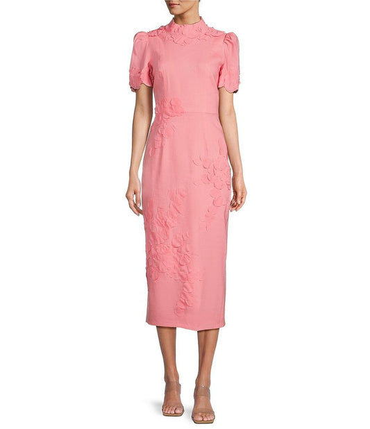 Willow Floral Applique Short Sleeve Mock Neck Midi Dress