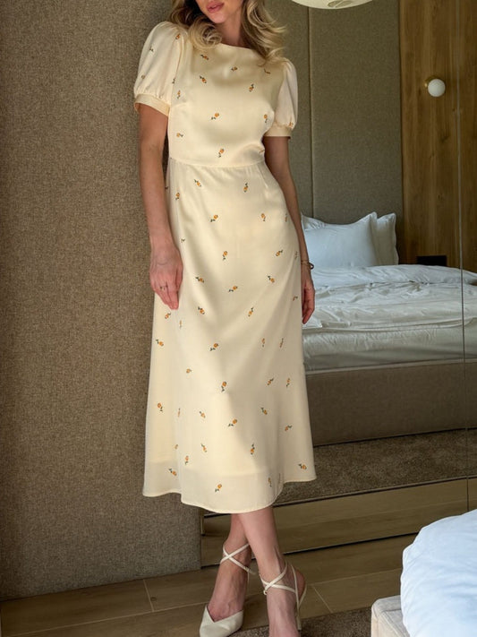 (⏰New Arrivals Promotion 50% OFF❗) Pale Yellow Midi Dress, Tulip Print