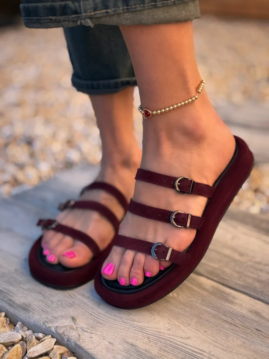 Red Flame Triple Row Slim Strap Lock Buckle Casual Shoes
