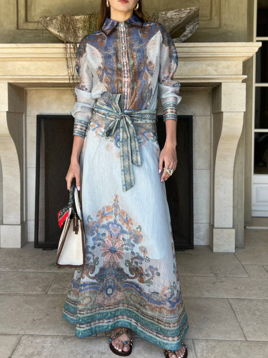 Katherine Long Sleeve Button Down Top and Tie Waist Maxi Skirt Set