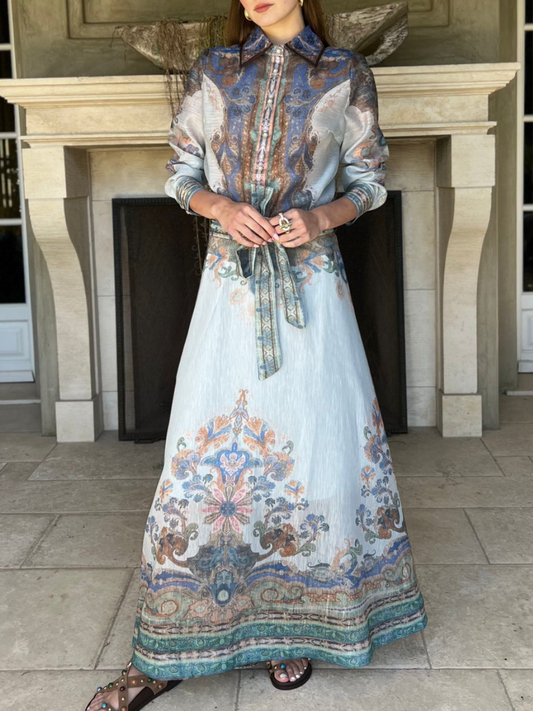 Katherine Long Sleeve Button Down Top and Tie Waist Maxi Skirt Set