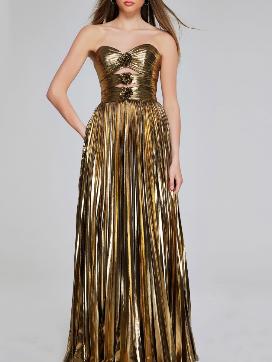 Glamorous Strapless Gown With Floral Accents And Cutout Detail