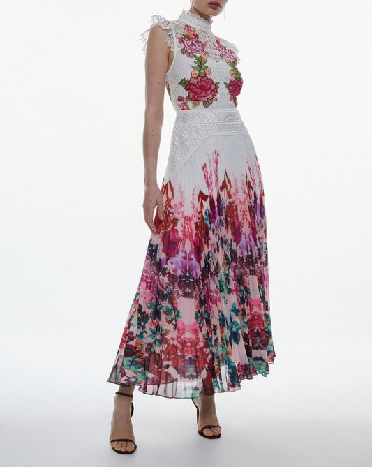 Lace Floral Pleated Midi Dress